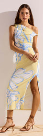 Yellow & Blue Floral Asymmetric Mesh Maxi Dress on a model, featuring blue floral print and an asymmetrical neckline.