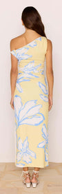 Back view of the Yellow & Blue Floral Asymmetric Mesh Maxi Dress highlighting the floral print and one-shoulder design.