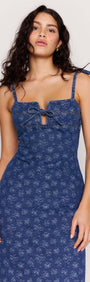 Floral Denim Stretch Midi Dress featuring a square neckline and bow tie detail, crafted in textured floral denim.