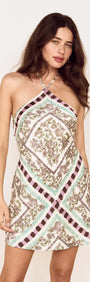 Floral Scarf Print Halter Mini Dress featuring vintage-inspired florals and a stylish halter neckline.