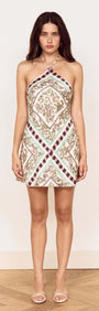 Floral Scarf Print Halter Mini Dress displayed on a model, featuring vintage florals and a flattering silhouette.