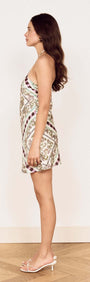 Floral Scarf Print Halter Mini Dress side view showcasing the fitted bodice and flared skirt, perfect for warm weather.