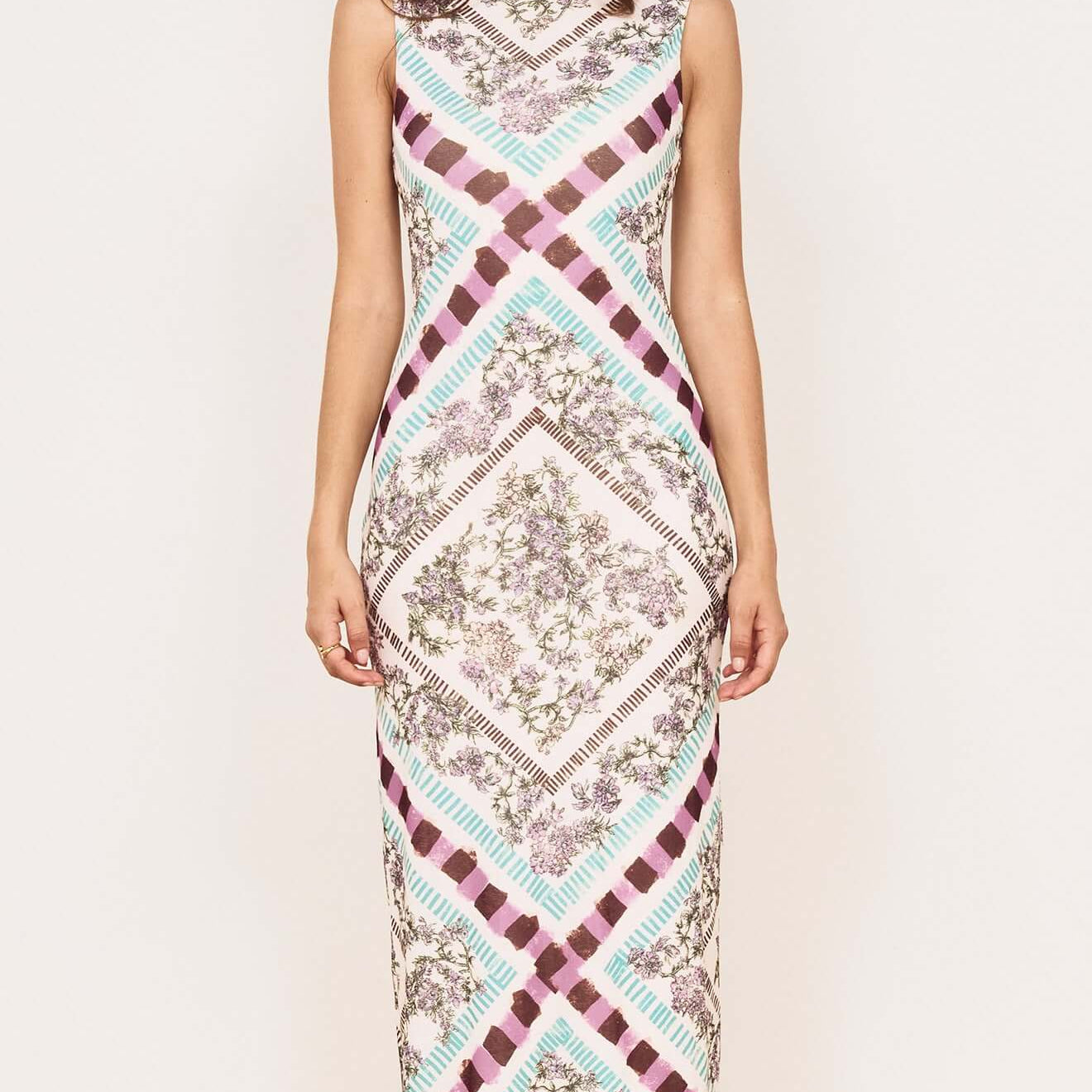 Floral Scarf Print Scoop Back Midi Dress displayed on a model featuring a vibrant scarf print and elegant silhouette.