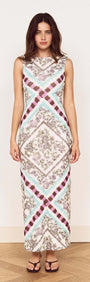 Floral Scarf Print Scoop Back Midi Dress displayed on a model featuring a vibrant scarf print and elegant silhouette.