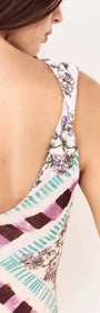 A close-up view of the back design of the Floral Scarf Print Scoop Back Midi Dress showcasing its elegant print.