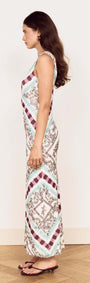 Floral Scarf Print Scoop Back Midi Dress showcased from the side, featuring an elegant scarf-inspired print.