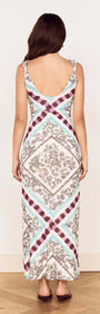 Floral Scarf Print Scoop Back Midi Dress showcasing an elegant low scoop back and intricate scarf-inspired print.