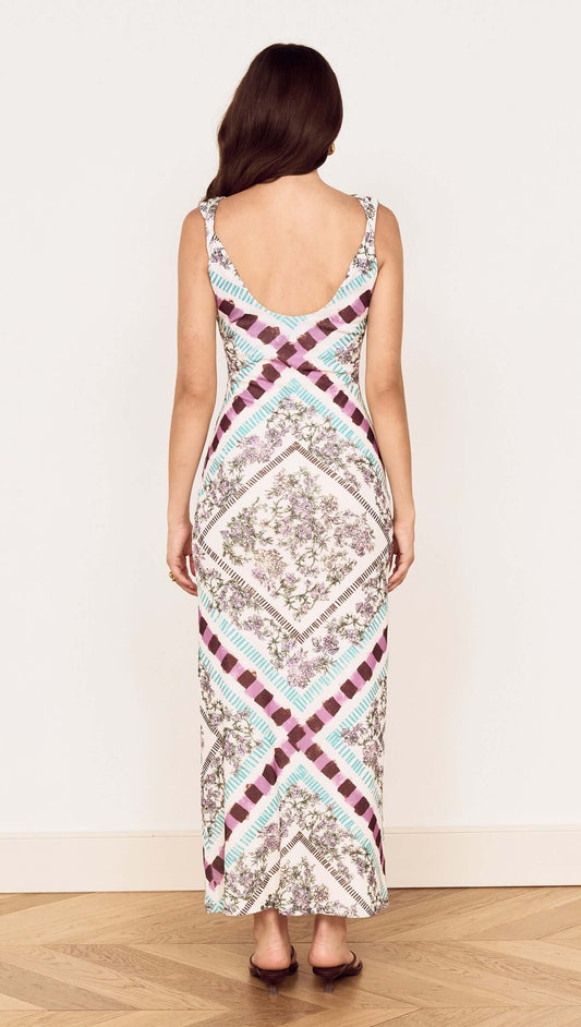 Floral Scarf Print Scoop Back Midi Dress showcasing an elegant low scoop back and intricate scarf-inspired print.