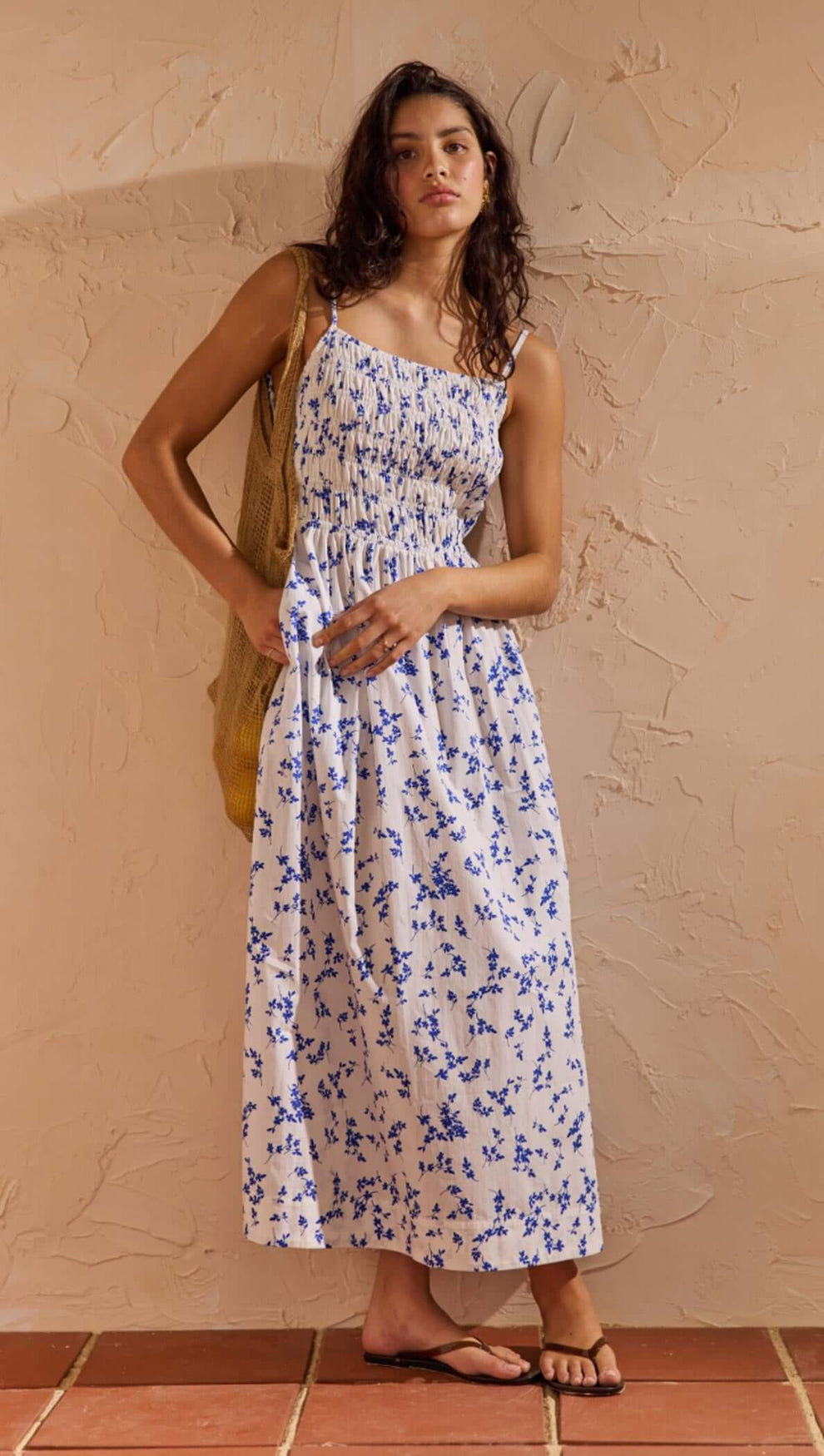 Blue Floral Cotton Backless Midi Dress