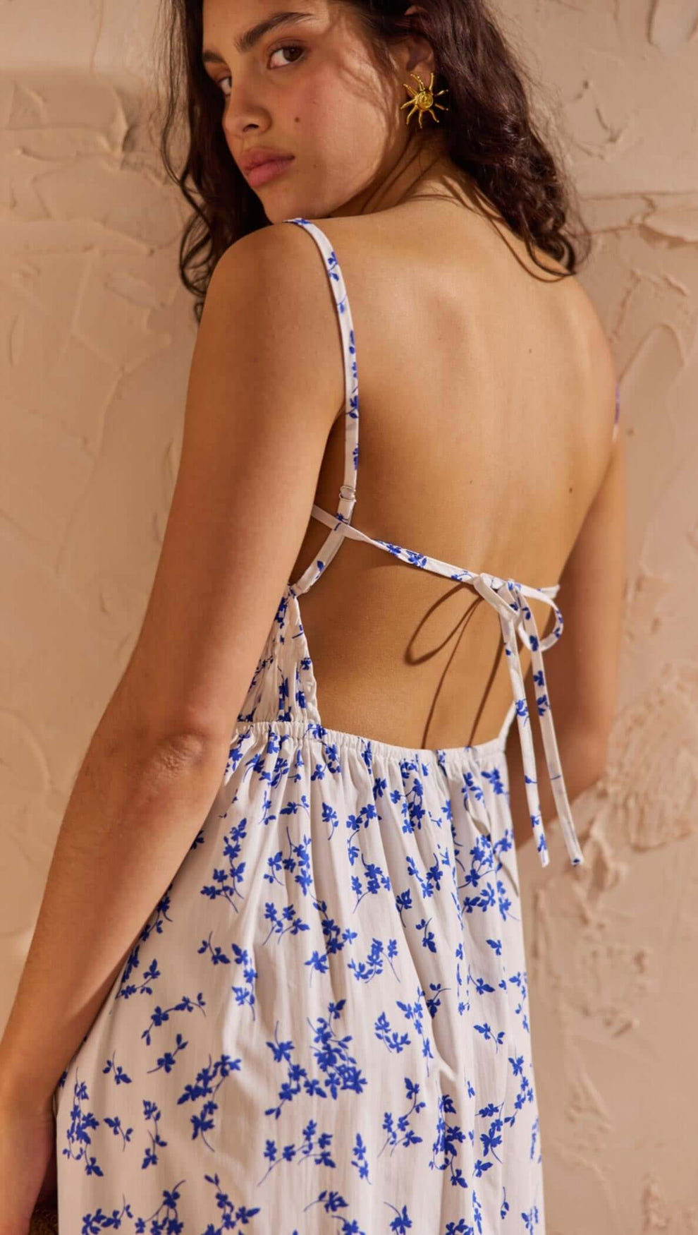 Blue Floral Cotton Backless Midi Dress