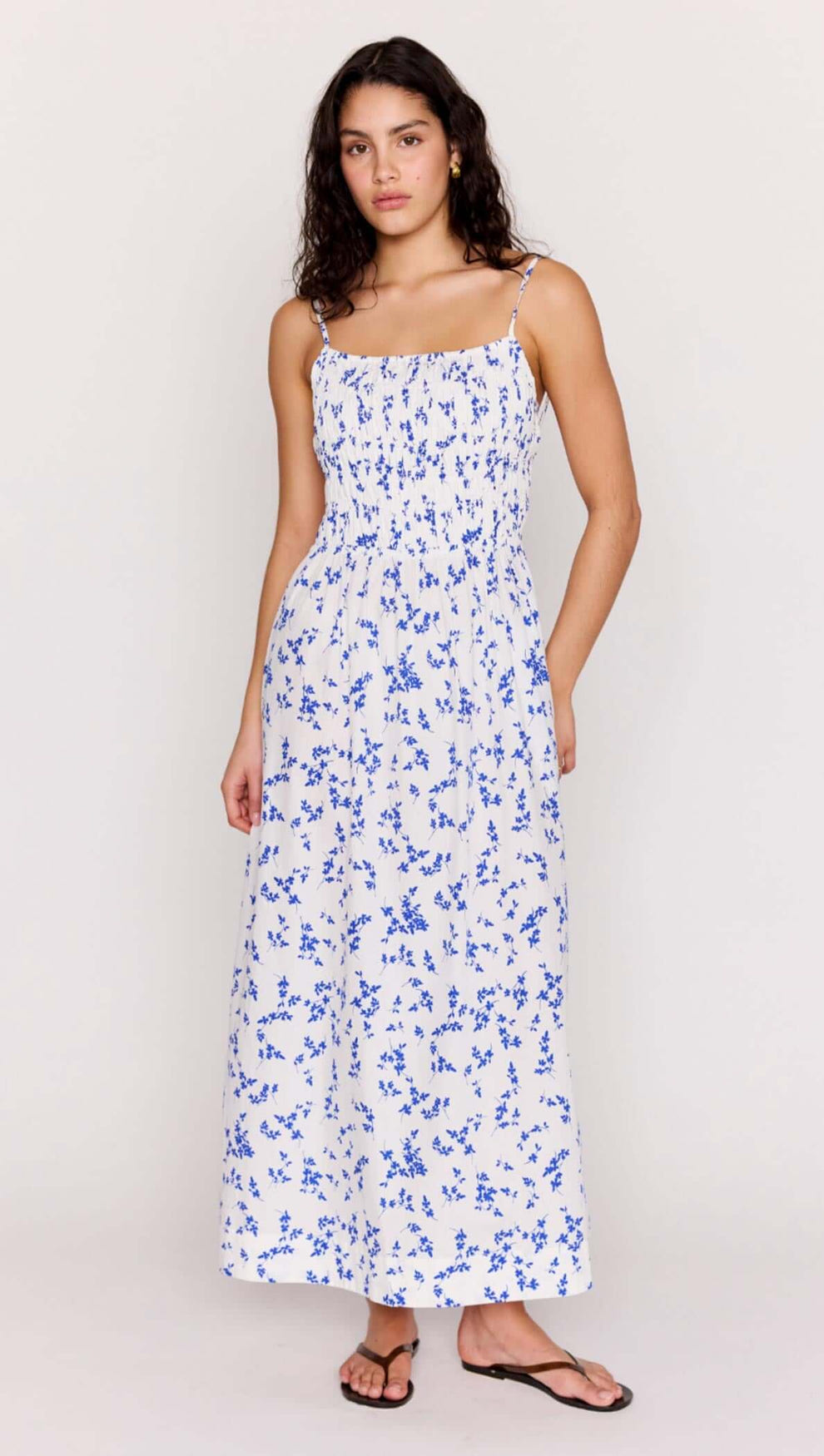 Blue Floral Cotton Backless Midi Dress