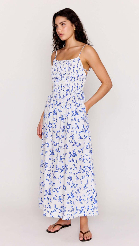 Blue Floral Cotton Backless Midi Dress on a model, featuring a delicate floral print and adjustable straps.
