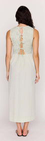 Back view of the Green Gingham Smocked Midi Dress showcasing adjustable tie-back detail.