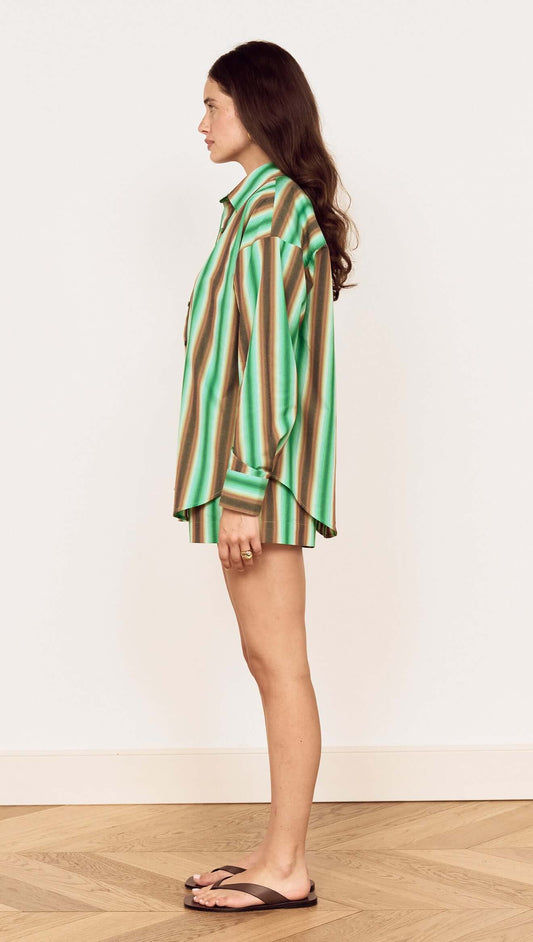 Model showcasing the Green Stripe Cotton Oversized Shirt in a stylish side profile view.