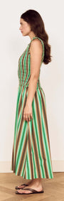 Green Stripe Cotton Shirred Midi Dress showcased from the side, featuring a stylish green and neutral stripe pattern.