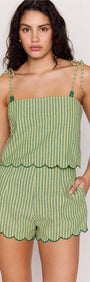 Green Striped Linen Blend Scallop Cami Top with adjustable tie straps and scalloped edging.