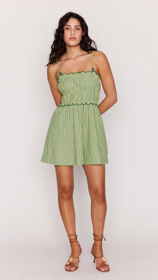 Green Striped Linen Blend Scallop Mini Dress featuring a shirred bodice and flared skirt, ideal for sunny days.