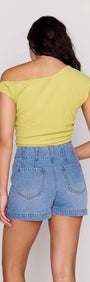 Model wearing a stylish High Waisted Cotton Blend Denim Short with a yellow top, showcasing a chic summer outfit.