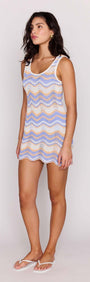Model wearing the LEONE CROCHET MINI DRESS showcasing its vibrant design and playful style.
