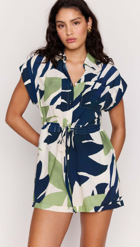 Leaf Print ECOVERO Playsuit featuring a relaxed silhouette and bold botanical print, perfect for summer outings.