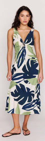Leaf Print ECOVERO Tie Front Midi Dress featuring a soft V-neckline and adjustable tie detail with a vibrant botanical print.