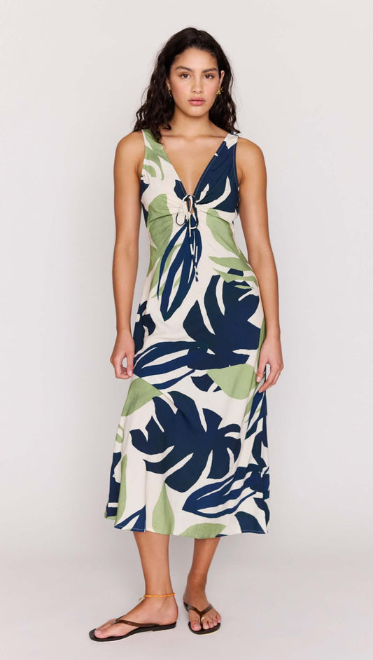 Leaf Print ECOVERO Tie Front Midi Dress featuring a soft V-neckline and adjustable tie detail with a vibrant botanical print.