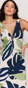Leaf Print ECOVERO Tie Front Midi Dress featuring a soft V-neckline and adjustable tie-front detail.