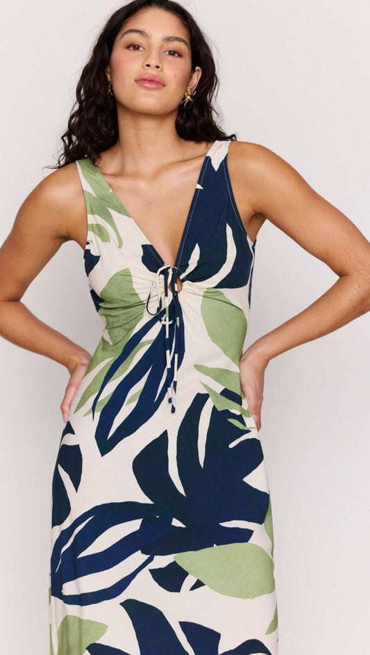 Leaf Print ECOVERO Tie Front Midi Dress featuring a soft V-neckline and adjustable tie-front detail.