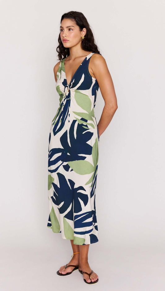 Leaf Print ECOVERO Tie Front Midi Dress featuring a tie-front detail and botanical print, perfect for warm days.
