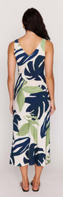 Back view of Leaf Print ECOVERO Tie Front Midi Dress featuring bold botanical print and adjustable tie detail.