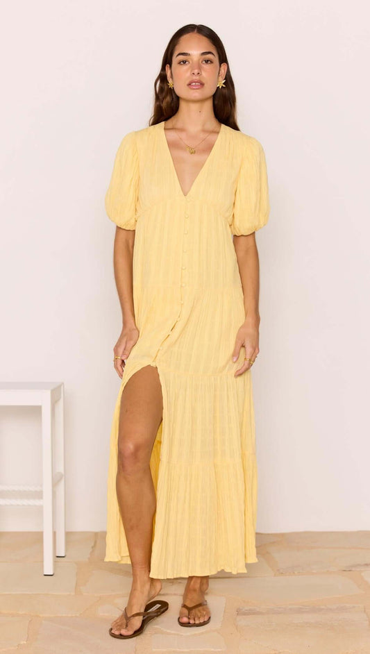 Relaxed Yellow Cotton Tiered Maxi Dress featuring a V-neckline and tiered skirt, perfect for sunny days.