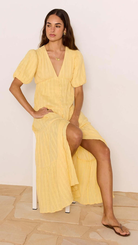 Relaxed Yellow Cotton Tiered Maxi Dress worn by a model, showcasing the V-neckline and tiered skirt design.