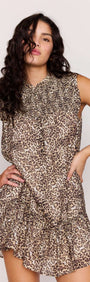 Leopard Smock Mini Dress featuring a tiered silhouette and high neckline, perfect for effortless styling.