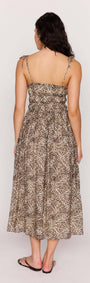Back view of the Leopard Tie Front Midi Dress featuring ruched bodice and adjustable tie front.