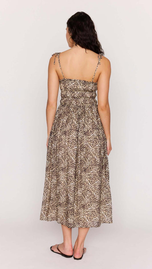 Back view of the Leopard Tie Front Midi Dress featuring ruched bodice and adjustable tie front.