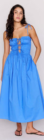 Blue Cotton Tie Detail Midi Dress featuring a shirred bodice and adjustable tie, perfect for summer styles.