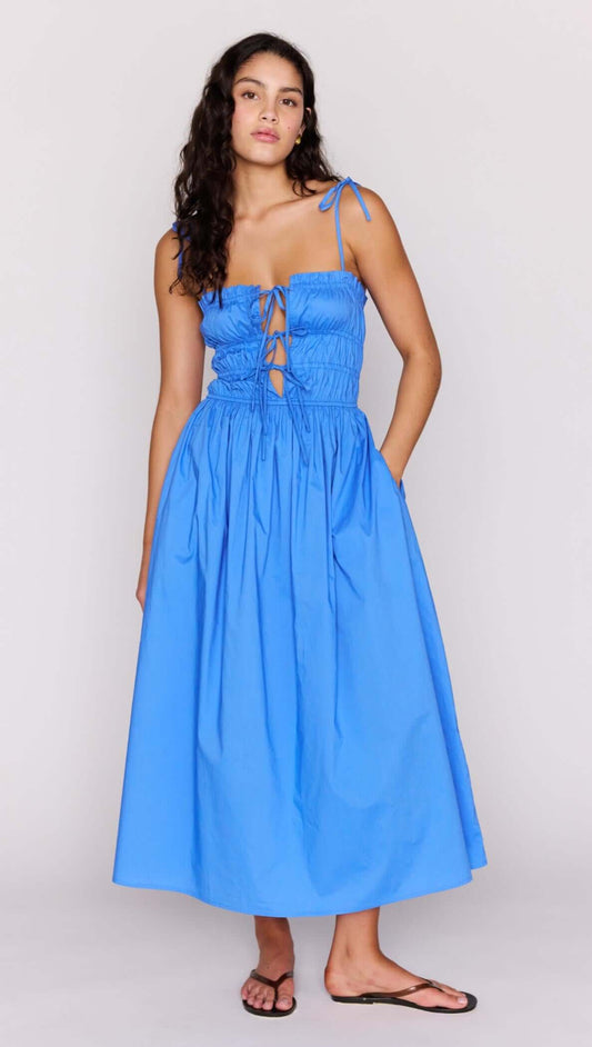 Blue Cotton Tie Detail Midi Dress featuring a shirred bodice and adjustable tie, perfect for summer styles.