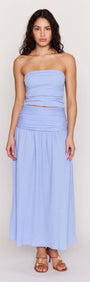 Model wearing Powder Blue Yoke Detail Maxi Skirt paired with a strapless top, showcasing summer fashion.