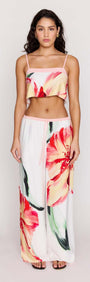 Model wearing Macro Floral Print Cropped Cami with floral pants, showcasing a stylish summer look.