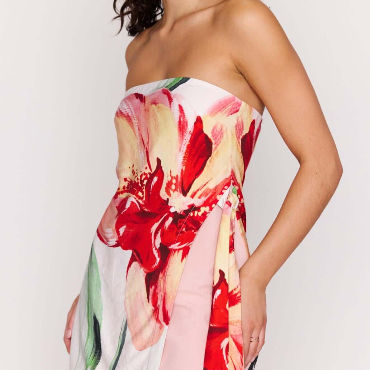 Macro Floral Print Strapless Mini Dress with vibrant floral design and stylish side drape.