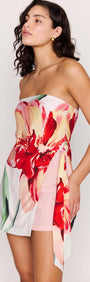 Macro Floral Print Strapless Mini Dress with vibrant floral design and stylish side drape.