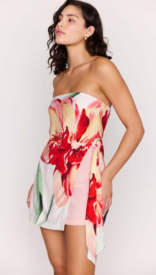 Macro Floral Print Strapless Mini Dress with vibrant floral design and stylish side drape.