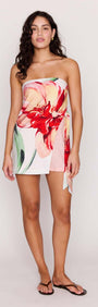 Macro Floral Print Strapless Mini Dress on a model, showcasing vibrant floral patterns and a chic mini silhouette.