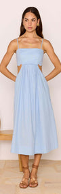 Cotton Linen Blend Blue Cut-Out Midi Dress featuring a fitted bodice and scalloped detailing, perfect for summer outings.