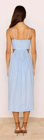 Cotton Linen Blend Blue Cut-Out Midi Dress showcasing the back design with delicate details and a flowing silhouette.