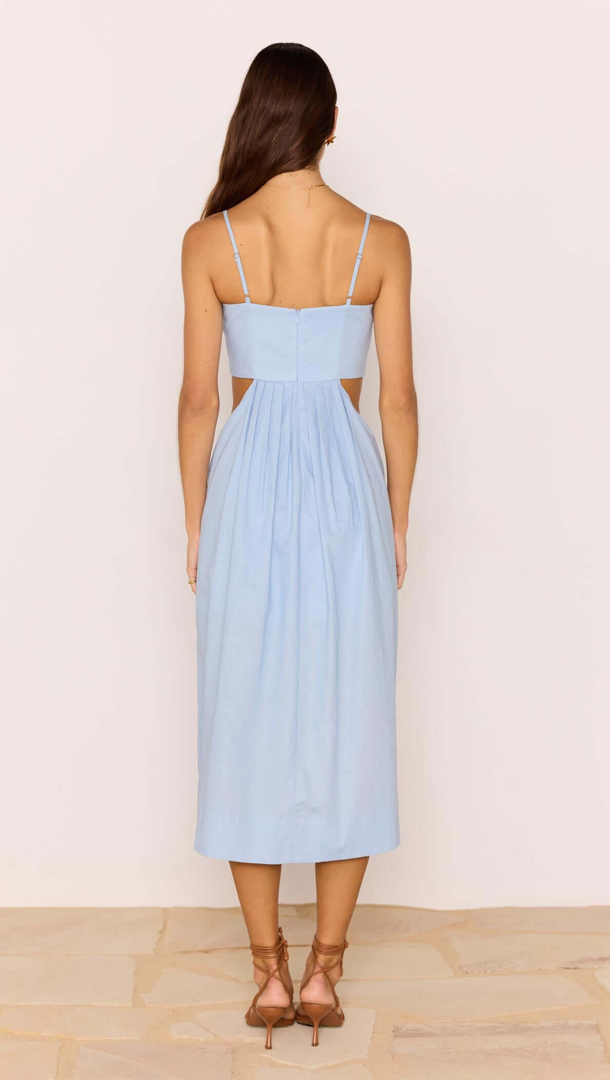 Cotton Linen Blend Blue Cut-Out Midi Dress showcasing the back design with delicate details and a flowing silhouette.