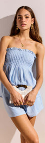 Model wearing a Cotton Linen Blend Blue Pintuck Top paired with matching shorts, showcasing a relaxed summer style.