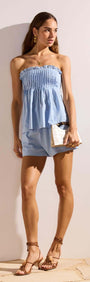 Model wearing Cotton Linen Blend Blue Pintuck Top paired with matching shorts, showcasing a stylish summer look.