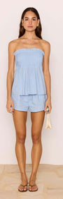 Cotton Linen Blend Blue Relaxed Shorts worn with matching top, perfect for summer outings and beach days.