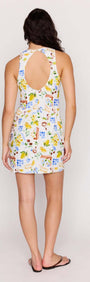 Back view of Mediterranean Print Open Back Mini Dress showcasing its vibrant print and unique open-back detail.
